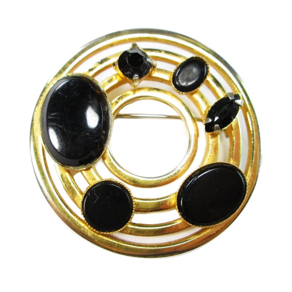Vtg Round 80s Deco Modernist Black Onyx Cabochon Ring Circle Gold Brooch 90s
